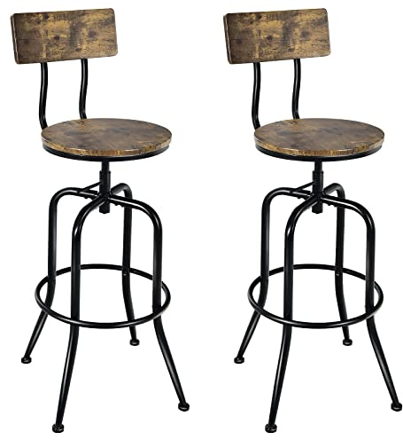 GOPLUS set med 2 barstolar, industriell hög barstol, kökspall i diskhöjd med justerbar sits, böjt ryggstöd och fotstöd, för kök, café, pub, rustik brun och svart