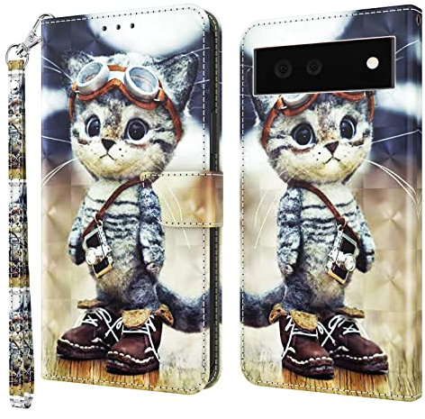 BOLELAW Hülle für Google Pixel 6A 5G, PU Leder Flip Case mit Standfunktion, Magnetverschluss & Kartensteckplatz, Verschmitzte Katze