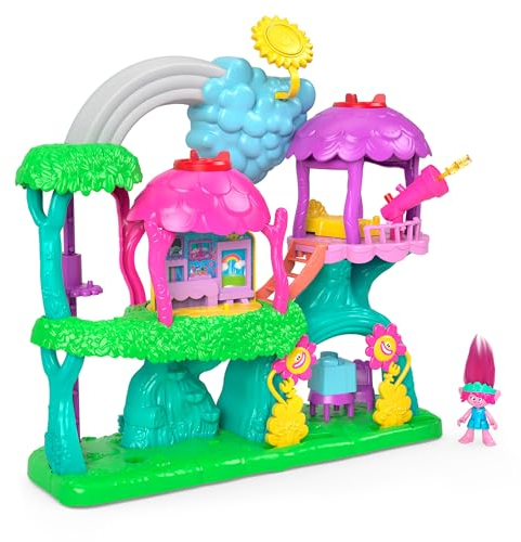 Imaginext Conjunto de Juego de casa del árbol arcoíris con Luces y Sonidos DreamWorks Trolls con Poppy, 7 Piezas, Juguete +3 años (Mattel HML49)