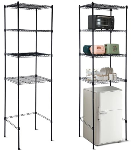 Huwena 4 Tier Mini Fridge Stand with Storage for Dorm Microwave Stand Over Mini Fridge Storage Shelf Adjustable Height Mini Fridge Organizer for College Rooms Kitchen Pantry(Black)
