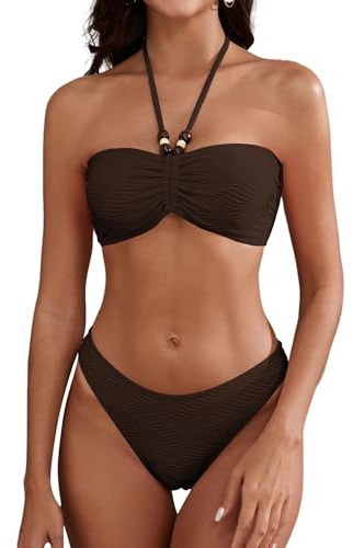ZAFUL Women's Halter Bandeau Bikini Beaded Tie Back String Bikini Set Push Up Two Piece Swimsuit Bathing Suits (1-Deep Brown, S)