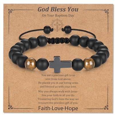Toplstud Baptism Gift for Boys - Cross Bracelets for Son Grandson Brothers Nephew - Black Beaded Rope Bracelets for Teen Boys - Religious Jewellery Present for Christians