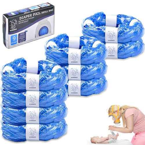 DYDHRER Nappy Bin Refill,9-Pack Nappy Bin Refill Bags compatible with Tommee Tippee Twist & Click Refill- Max Odor Lock and Germ Protection, Newborn Baby Diaper Pail Liner-(Blue)
