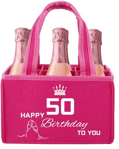Flaschentasche zum 50 Geburtstag Frau - Geschenke zum 50 Geburtstag Frauen Geschenk, Lustige Geschenktasche, Happy Birthday für Frau, Freundin, Schwester, Bierträger für Bierliebhaber (24x15x15 cm)