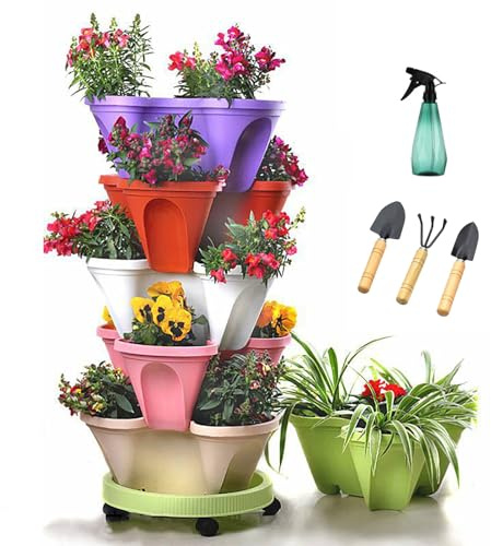 NNYCC 6 Etagen Pflanzturm Beweglichen Basis mit Rollen,Stackable Vertikalen Garten Turm für Gemüse Erdbeeren Kräuter und Blumen,Multi Colored