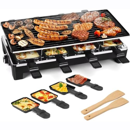 Electric Grill, 2-in-1 Non-Stick Plate, 1500W Fast Heating, 8 Cheese Melt Pans, Modern Style for Parties and Family Fun