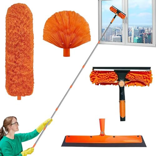 Staubwedel Teleskop 6M,Staubentferner-Set mit Verstellbare Ausziehbare Teleskopstange 1,5~4,9 m, Spinnennetzbürste/Mikrofaserkopf/Fensterabzieher/Glasbürste,für Fenster Wände Decken (A)