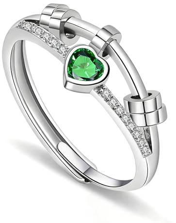 Justerbar spinner-ring i dubbla lager, silver ångest-ring för kvinnor med kubisk zirkon, roterande stressavlastande smycke,Alla hjärtans dag present för tjejer och kvinnor (Grön)