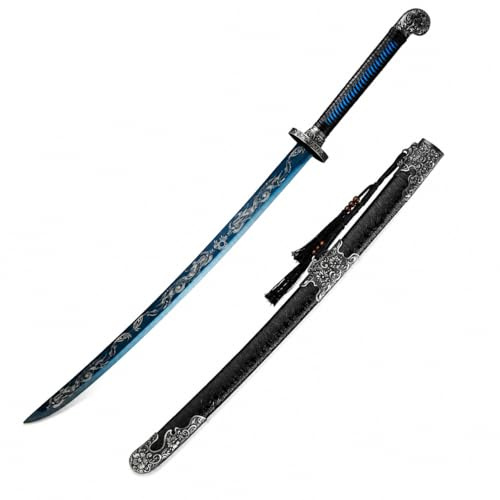 GDTDX Samurai Katana - Handgeschmiedet aus Federstahl, 102cm mit 32cm Langgriff & Massivholz-Saya - Für Sammler (Klinge ungeschliffen)