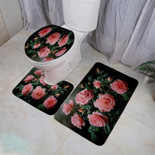 Bad Teppiche Set Dunkelgrüne Blume Badezimmerteppich Waschbar WC Vorleger mit Ausschnitt und WC Deckelbezug 3 Teilig Badematte rutschfest Toilettensitzbezug Badgarnitur 45x75 cm