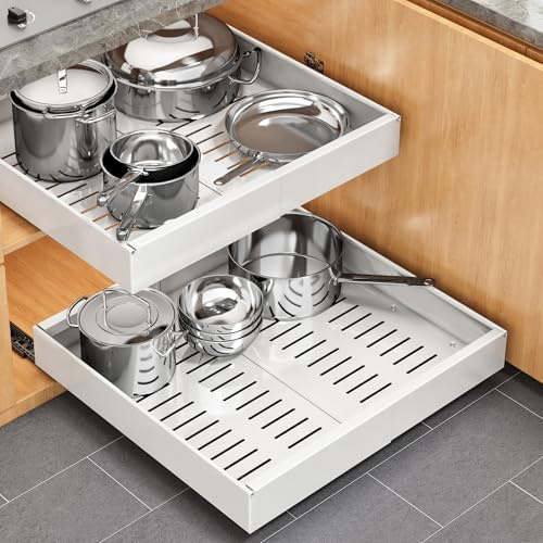 Pull out Cabinet Organizer, 1 pack, 20.5 Deep Heavy Slide out Drawers, Upgrade Three Triple-Slide Rail Systems, Expandable 12.8-20.8 Roll out Shelf Storage for Kitchen Base Cabinet Organization