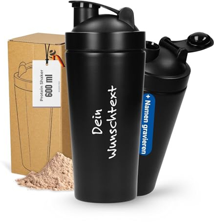 Personalisierter Protein Shaker 600 ml Edelstahl doppelwandig | Fitness, Gym, Eiweißshaker, Sportnahrung, Mixball, klumpenfrei, langlebig