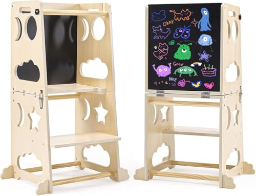Torre de Aprendizaje Montessori Stool de ATAA, Madera Natural con Taburete Extraíble, Regulable en 3 Alturas, 90 x 40 x 40 cm