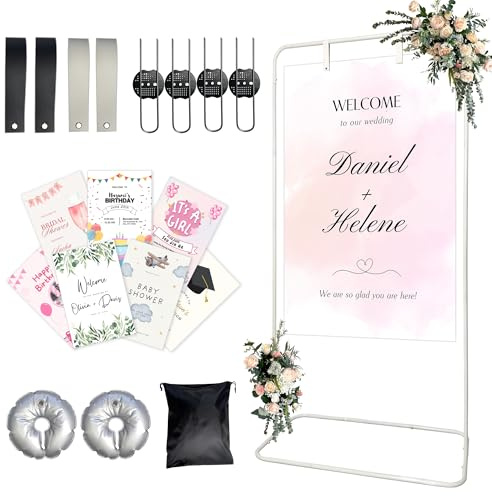 Lunirith Large Wedding Welcome Sign Stand, Adjustable Height (78, 64, 50),White hanging sign holder With Design Bundle & Ground Stakes & storage bag,Linen Sign Stand