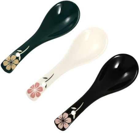 Veemoon Cucharas de Cerámica para Sopa de Arroz 3 Piezas, Cucharas Sopera Pequeñas Diseño Esmaltado, Utensilios Multiusos para Restaurante y Hogar