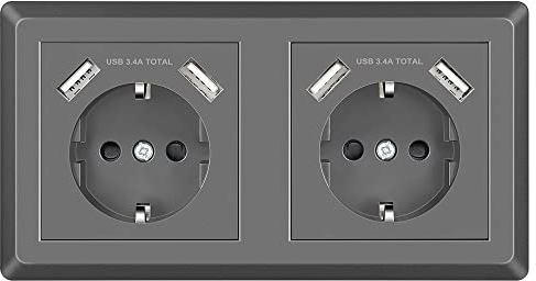 Sasudose Doppelsteckdose mit USB Schuko Unterputzsteckdose System 55 Schutzkontaktsteckdose passend für handelsübliche 2-fach Unterputzsteckdose Graue Wandsteckdose für Smartphone MP3 Laden