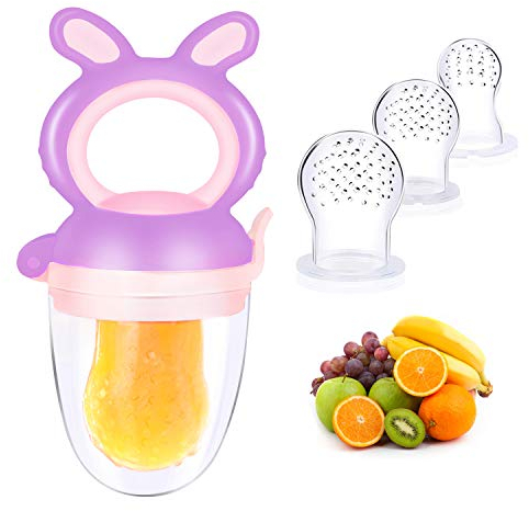 Oladwolf Ciuccio per Bambini, Ciuccio per Alimenti con 3 Capezzoli in Silicone per la Sostituzione del Capezzolo di Frutta in 3 Dimensioni, Massaggiagengive Senza BPA per Frutta e Verdura (Viola)