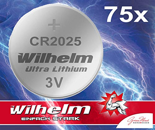 Wilhelm CR2025 Lithium Knopfzellen 3V – 170 mAh, ø20 x 2,5 mm – 75 Stück