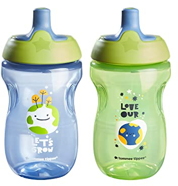 Tommee Tippee Sportee Water Bottle for Toddlers, Spill-Proof, Playful and Colorful Designs, Easy to Hold Design, 10oz, 12m+, 2 Count, Blue and Green