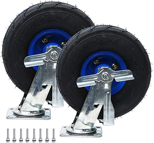 WORDFUN 2er Set Industrierollen Schwerlast Luftreifen Gummi Lenkrolle Mit Bremse Bockrolle Mit Schrauben Aus Rostfreiem Stahl, 360 Grad Drehbar 8'' 10'' Rollen 770lb Tragkraft, Für Trolleys