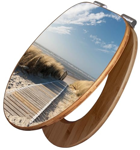 banjado Design WC Sitz Bambus Absenkautomatik 45,8x37,5cm - Toilettendeckel mit Absenkautomatik Holz - hochwertiger Bambus Klodeckel - WC-Sitz für gängigen Toiletten - Motiv Dünen