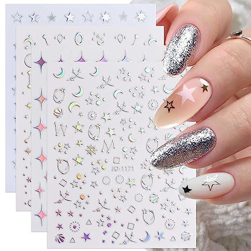 JMEOWIO Nagelsticker Aurora Holografisch 9 Blatt Nagelaufkleber Selbstklebend Sterne Mond Nail Art Sticker Dekoration Nageldesign Zubehör