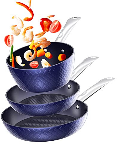 Frying Pan Sets Non Stick 3Pieces, Blue 3D Diamond Cookware, 20/24cm Frying Pan, 18cm Saucepan - Pots and Pans Set, Aluminum Ceramic Coating - Suitable for Induction Hob Oven (Blue Diamond)