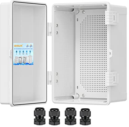 GEVEELIFE Outdoor Electrical Box Weatherproof, ABS Plastic Junction Box IP67 Hinged Cover Project Box with Mounting Plate Wall Brackets and 4 Cable Glands, Grey Electrical Enclosure 11.8x7.9x6.7
