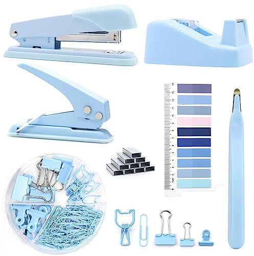 Blaues Bürobedarf, UPIHO Schreibtischzubehör, Hefter und Klebebandspender-Set für Frauen mit Hefter, Klebebandspender, magnetischem Heftklammerentferner, Heftklammern, Clips, Locher und Tabs,