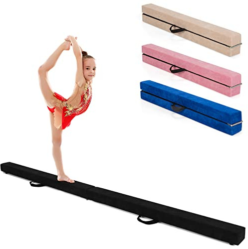 GYMAX 7FT/9FT Folding Gymnastics Balance Beam, Professional Training Beam with Carry Handles, Solid Wood Base and Anti-slip Bottom, Floor Gymnastics Equipment for Home Gym (Black, 7FT)