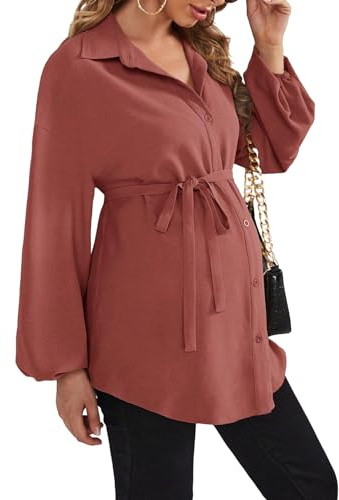 MakeMeChic Women's Maternity Blouse Long Sleeve Belted Button Down Casual Pregnancy Blouse Tops Redwood Medium