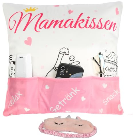 LAMEK 2Tlg Mama Kissenbezug mit 6 Tasche Mutter Kissenbezüge Rosa Mamas | Kissenhülle mit Augenmaske Muttertaggeschenk Geschenk für Mama Mutter Geburtstag Weihnachten Muttertag