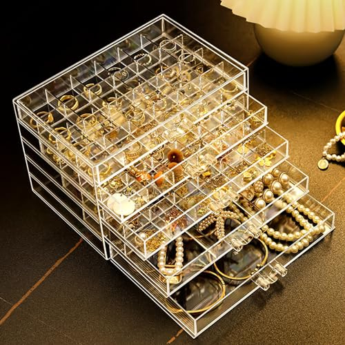 Jinavoty Scatola portaoggetti per orecchini, in acrilico, trasparente, con 3 cassetti, per donne e ragazze (5 cassetti)