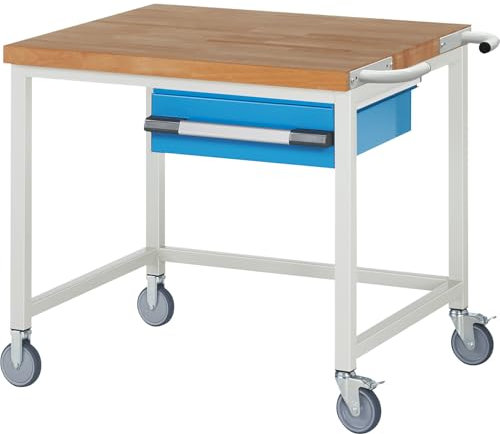 eurokraft | Fahrbare Werkbank Serie 8000 | Gestellbauweise | 1 Hängeschublade | BxT 1000 x 900 mm