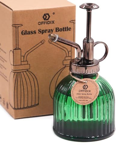 OFFIDIX Bewässerungssprühflasche aus Glas, Vintage-Stil, Pflanzennebel, Dunkelgrün | Gießkanne aus Glas mit bronzefarbener Kunststoff-Pumpe für Gartenarbeit