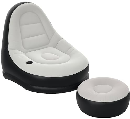 Outsunny Inflatable Chair and Footstool, Inflatable Sofa Lounger, Grey | Soft Plush Fabric, Cup Holder, for Camping, Gaming, Reading, Movie Watching