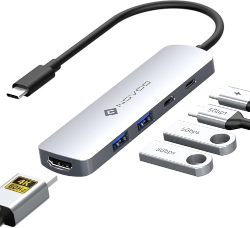 NOVOO USB C HDMI Hub, Adattatore USB C 5 in 1 con HDMI 4K@60 Hz, Dati Type-C 5 Gbps, PD 100W, 2 USB-A 3.0, Compatibile per MacBook M3/Surface/XPS/Chromebook/iPhone 16/Steam Deck