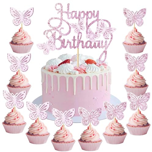 Schmetterling Tortendeko Schmetterlinge, 13 Stück Schmetterlinge Deko Torte, Happy Birthday Cake Topper, Kuchen Deko Schmetterlinge Deko Geburtstag Mädchen, für Themen Party, Geburtstag Deko (D)