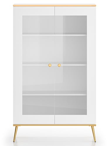 Lomadox Vitrinenschrank 92cm breit weiß mit goldfarbigen Akzenten Wohnzimmer Esszimmer Vitrine modern schmal