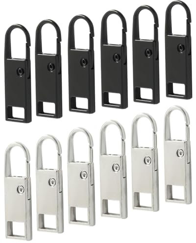 BPTRKOM 12 PCS Cerniera Tira Sostituzione- Cursore Cerniera Universale,Tirante per Cerniera Lampo Rimovibile, per Riparazione Zip,per Vestiti,Bagagli,Valigia,Zaino(Nero + Argento)