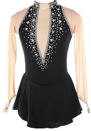 Eiskunstlauf Kleid Für Damen Elastizität Trainings Trikots Für Rhythmische Gymnastik Rollschuh Rock Für Mädchen Lange Ärmel Schwarze Mesh Spandex Wettkampf Skating Bekleidung,Schwarz,XL