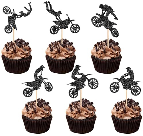 SYKYCTCY 24 Pack Motorcycle Cupcake Toppers Black Glitter Motocross Dirt Bike Party Cupcake Picks for Sports Motocross Theme Man Boy Birthday Party Cake Decorations Supplies
