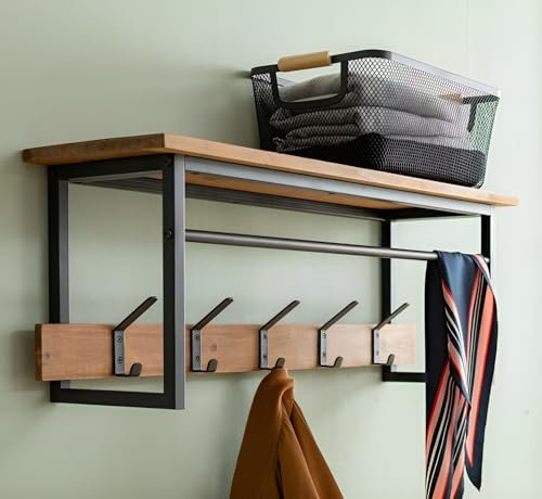 Dekoleidenschaft Garderobe Industrial aus Holz & Metall, schwarz, mit 5 Doppelhaken und Ablage, Wandgarderobe
