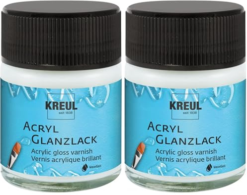 Kreul 79401 - Acryl Glanzlack, glänzend transparent, 50 ml Glas, auf Wasserbasis, Schutz- und Überzugslack für durchgetrocknete Aufmalungen, bedingt witterungsbeständig, speichelecht (Packung mit 2)
