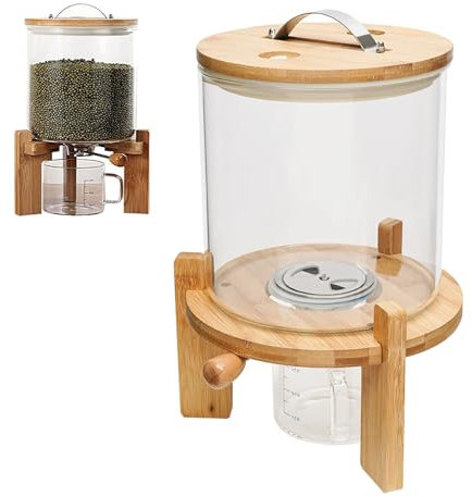 MFYDPP Glas-reisspender, Müslispender, Mit Holzständer, Luftdichtem Deckel Und Messbecher, Glas-lebensmittelaufbewahrungsbehälter Für Küchenorganisation Und Speisekammer(Size:5L)
