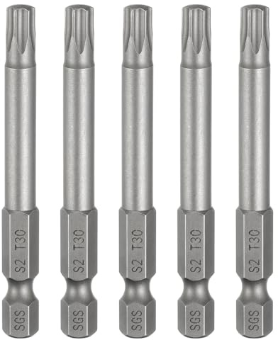 sourcing map 5 puntas de destornillador Torx T30 de 1/4 de pulgada con vástago hexagonal de 65 mm de largo, magnéticas, sin agujero, a prueba de manipulaciones, 6 puntos, destornillador de estrella S2