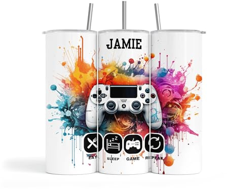 Personalised White Skinny Stainless Steel Insulated Tumbler Gaming Drinks Bottle for Boys Girls 18th 21st Birthday Christmas