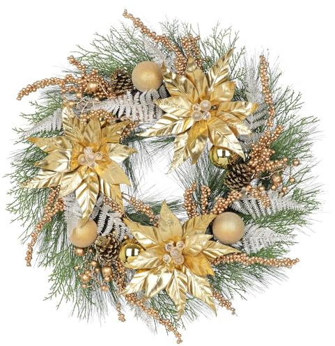 Arborus Kranz Künstlich 60 cm Dekokranz GanzjährigTürkranz Kunstkranz Weihnachten mit Tannenzapfen Weihnachtsstern Dekokranz für Haustür Wand Fensterbank Tisch Weihnachtsdeko Weihnachtsschmcuk