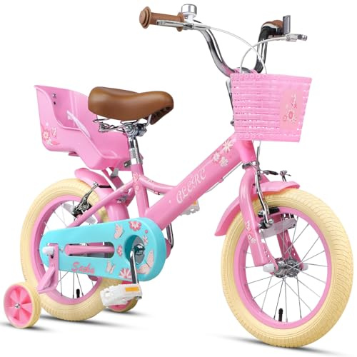 Glerc Bicicleta para niñas con diseño de Princesas, Bicicleta Infantil de 12, 14, 16, 18 y 20 Pulgadas para niños de 2 a 13 años, Asiento para muñecas, Cesta, ruedines y Soporte para Bicicleta