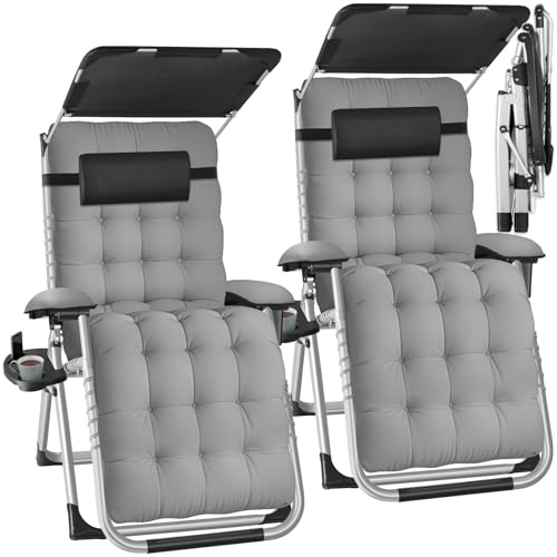 tectake® Set da 2 Sdraio da Giardino, Sdraio Lettino Prendisole Richiudibile con Parasole, Sdraio Mare con Cuscino Poggiatesta, Tessuto Traspirante, Schienale Regolabile, Portaoggetti - Grigio Chiaro